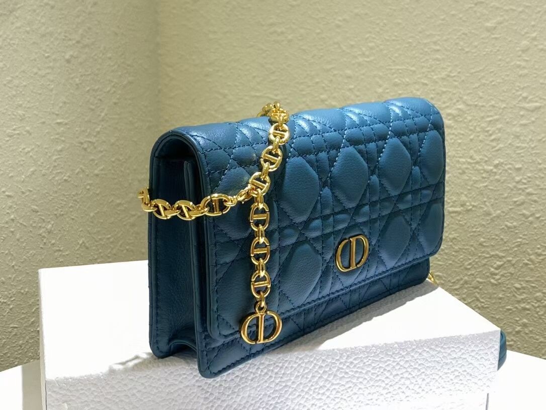 DIOR CARO BELT POUCH WITH CHAIN Supple Cannage Calfskin S5091UW BLUE