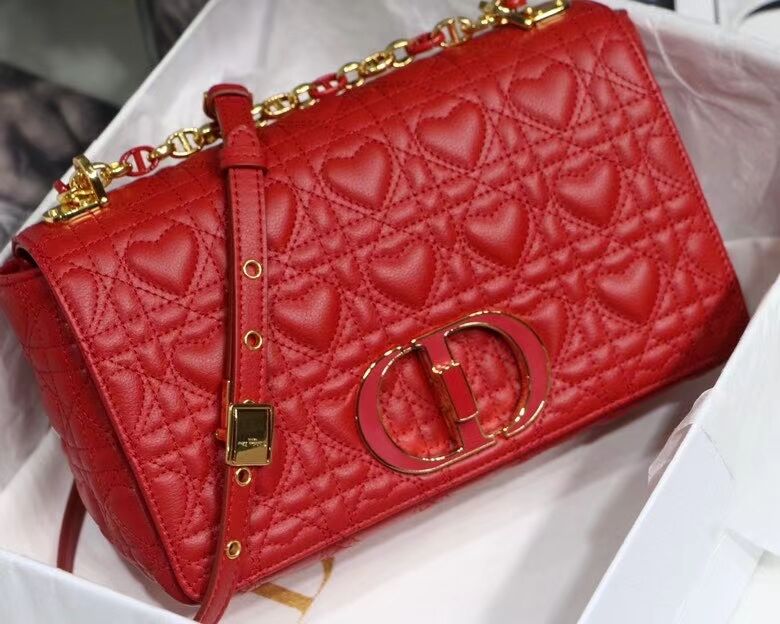 MEDIUM DIORAMOUR DIOR CARO BAG Cannage Calfskin with Heart Motif M9242WNG Bright Red