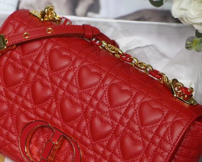 MEDIUM DIORAMOUR DIOR CARO BAG Cannage Calfskin with Heart Motif M9242WNG Bright Red