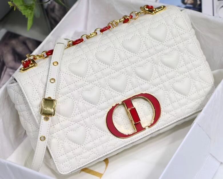 MEDIUM DIORAMOUR DIOR CARO BAG Cannage Calfskin with Heart Motif M9242WNG WHITE