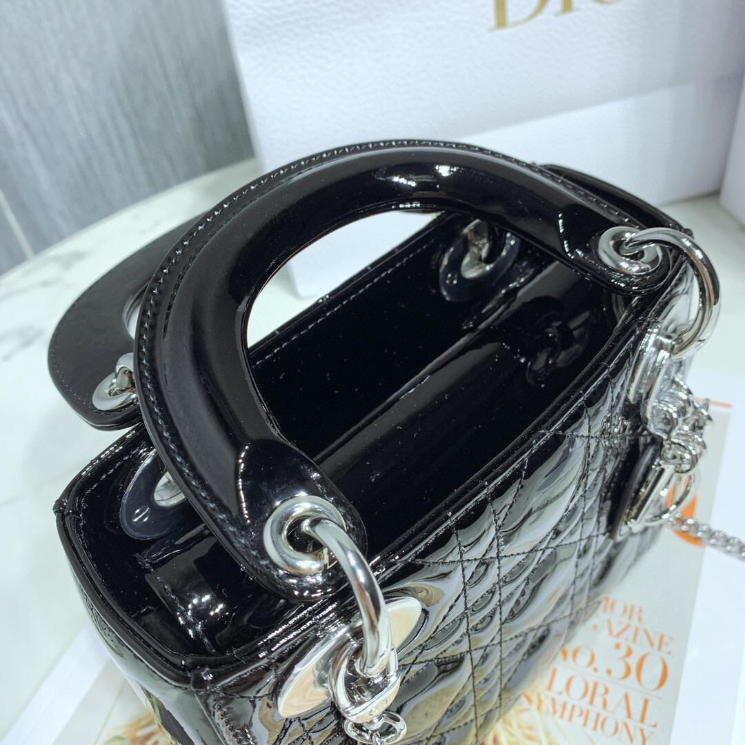 MINI LADY DIOR BAG Black Patent Cannage Calfskin M0566OW Silver Hardware