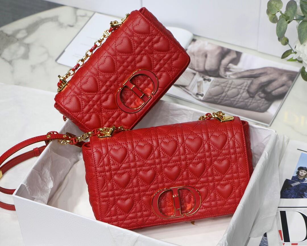 SMALL DIORAMOUR DIOR CARO BAG Cannage Calfskin with Heart Motif M9241WN RED