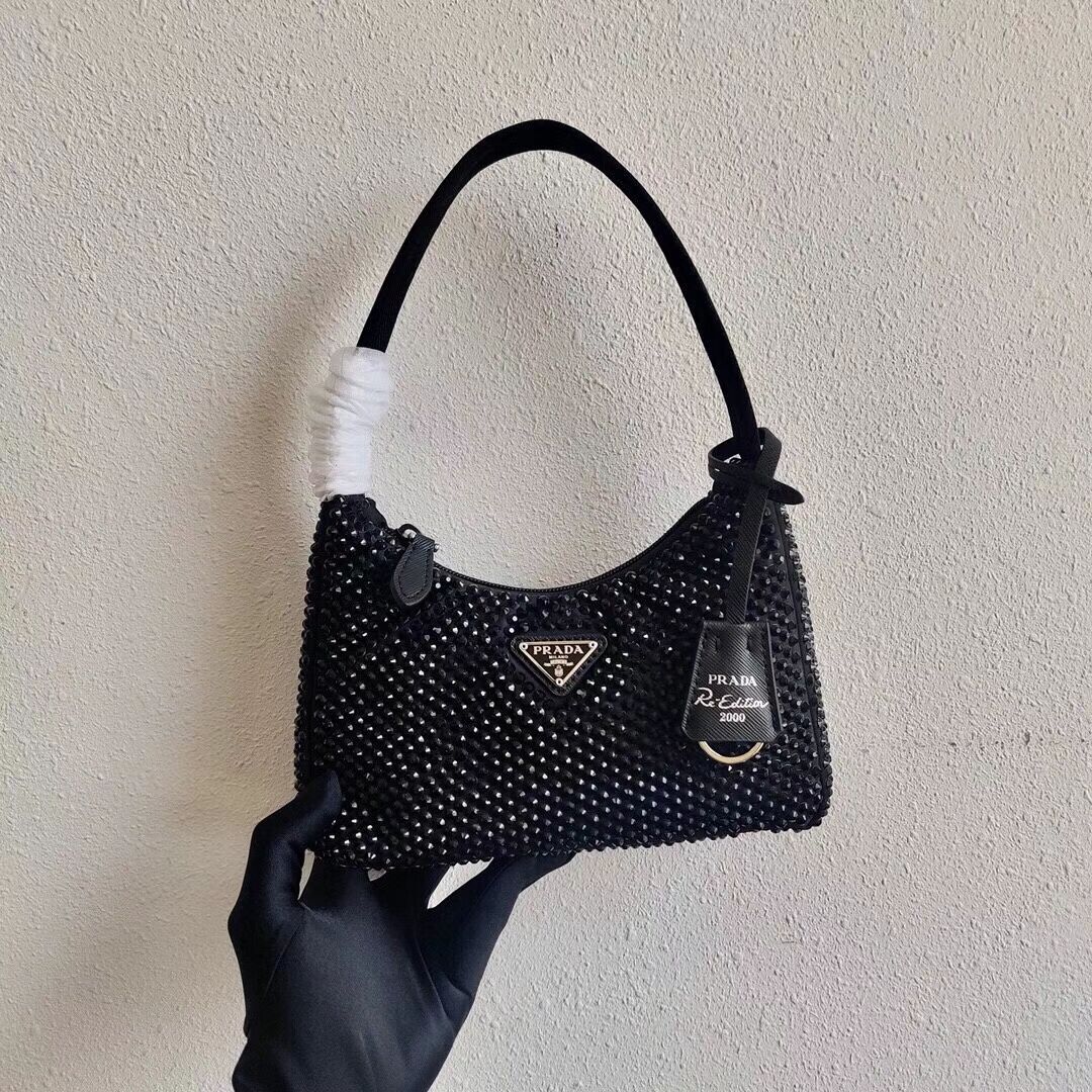 Prada Satin mini-bag with artificial crystals 1BE515 black