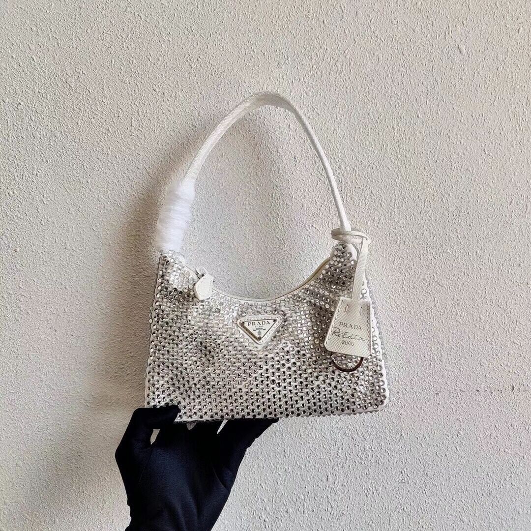 Prada Satin mini-bag with artificial crystals 1BE515Z white