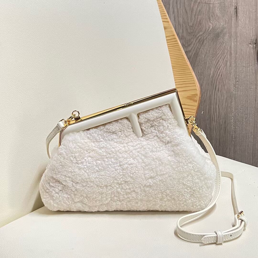 FENDI FIRST MEDIUM or SMALL wool sheepskin bag 5FB2217 white