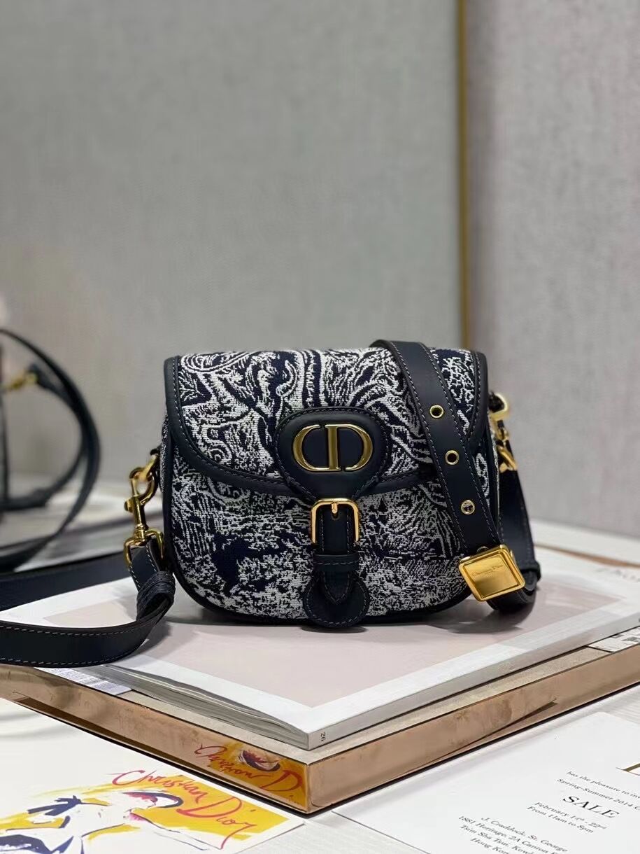 SMALL DIOR BOBBY BAG Warm Taupe Box Oblique Embroidery C9269 dark blue