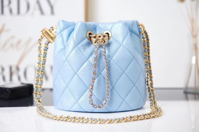 Chanel Drawstring Bag Grained Calfskin & Gold Metal AS2859 light blue