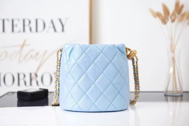 Chanel Drawstring Bag Grained Calfskin & Gold Metal AS2859 light blue