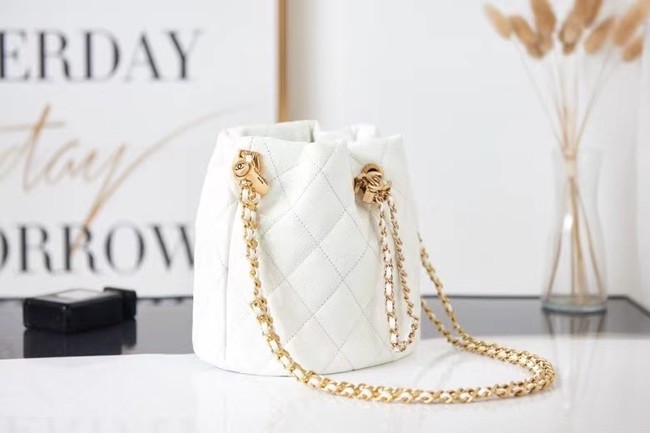 Chanel Drawstring Bag Grained Calfskin & Gold Metal AS2859 white