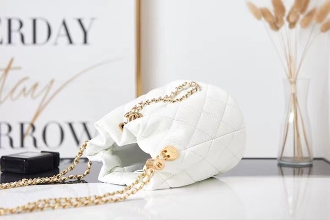 Chanel Drawstring Bag Grained Calfskin & Gold Metal AS2859 white