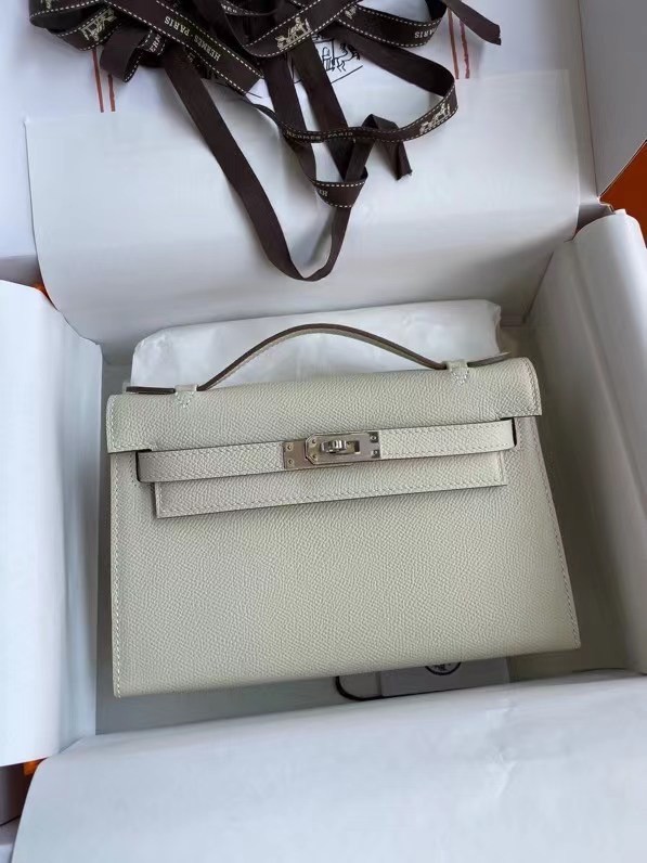 Hermes Original Epsom Leather KEL2278 Chalk&Silver-Tone Metal