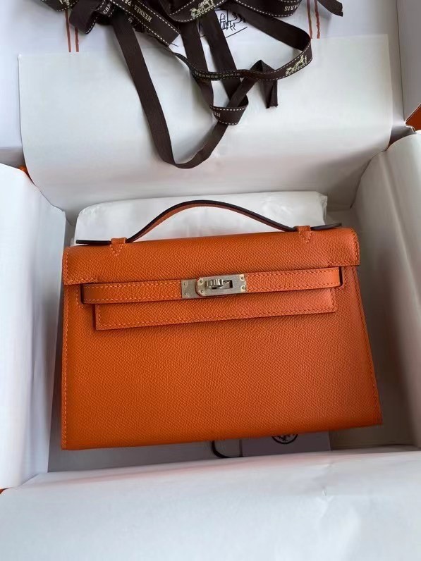 Hermes Original Epsom Leather KEL2278 orange&Silver-Tone Metal