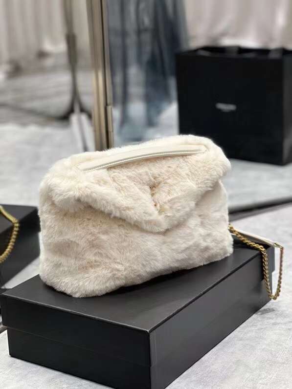 Yves Saint Laurent PUFFER BAG IN MERINO SHEARLING AND LAMBSKIN Y597476 white