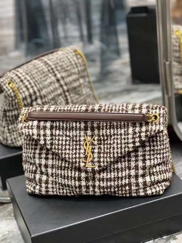 Yves Saint Laurent PUFFER BAG IN CHECKED TWEED AND LAMBSKIN 172682 BEIGE