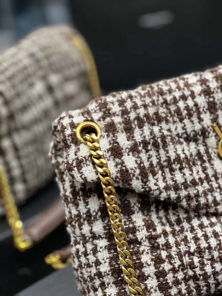 Yves Saint Laurent PUFFER SMALL BAG IN CHECKED TWEED AND LAMBSKIN Y597476 BEIGE