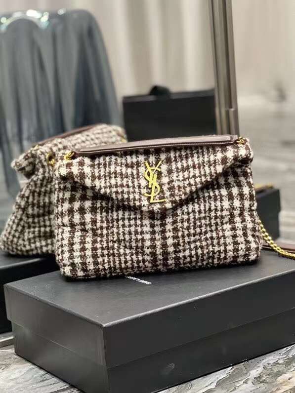 Yves Saint Laurent PUFFER SMALL BAG IN CHECKED TWEED AND LAMBSKIN Y597476 BEIGE