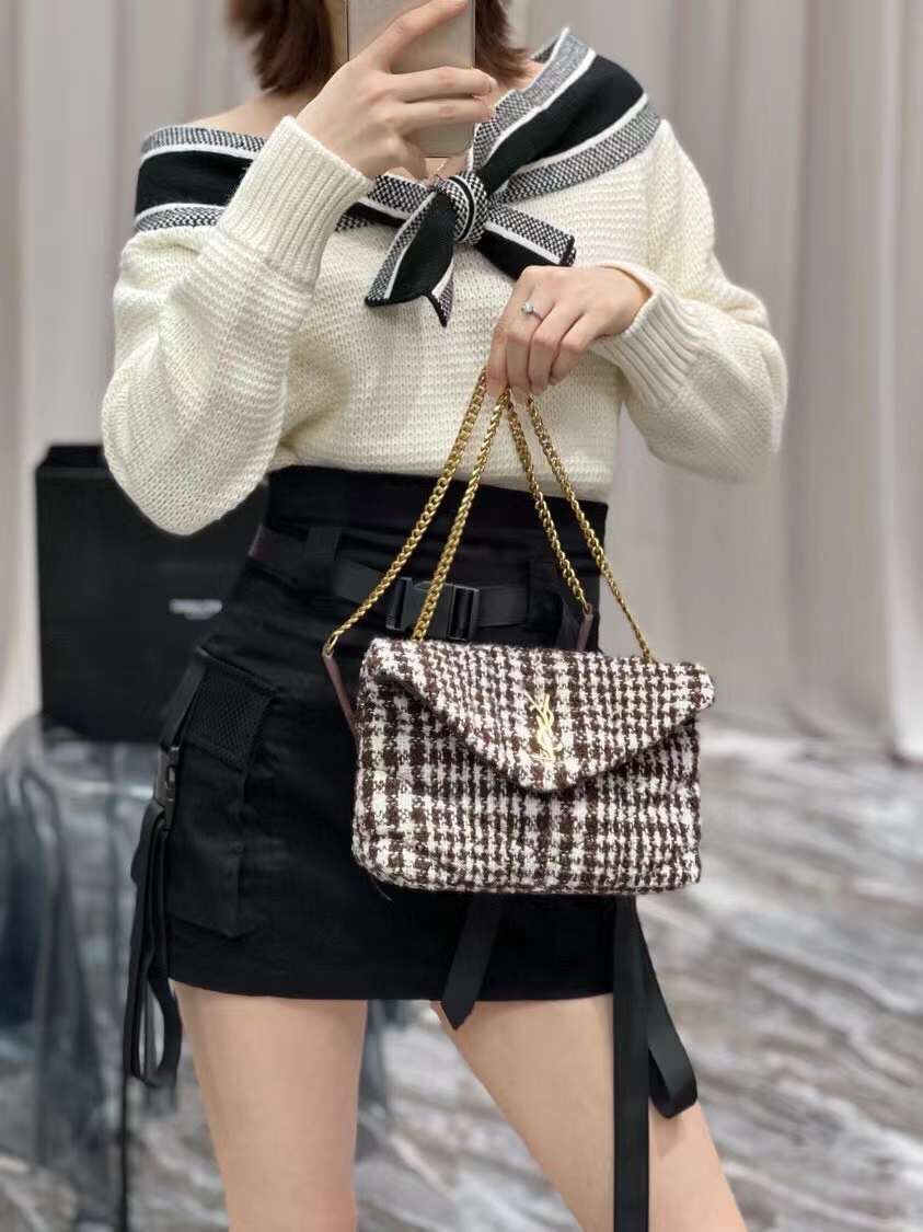 Yves Saint Laurent PUFFER SMALL BAG IN CHECKED TWEED AND LAMBSKIN Y597476 BEIGE