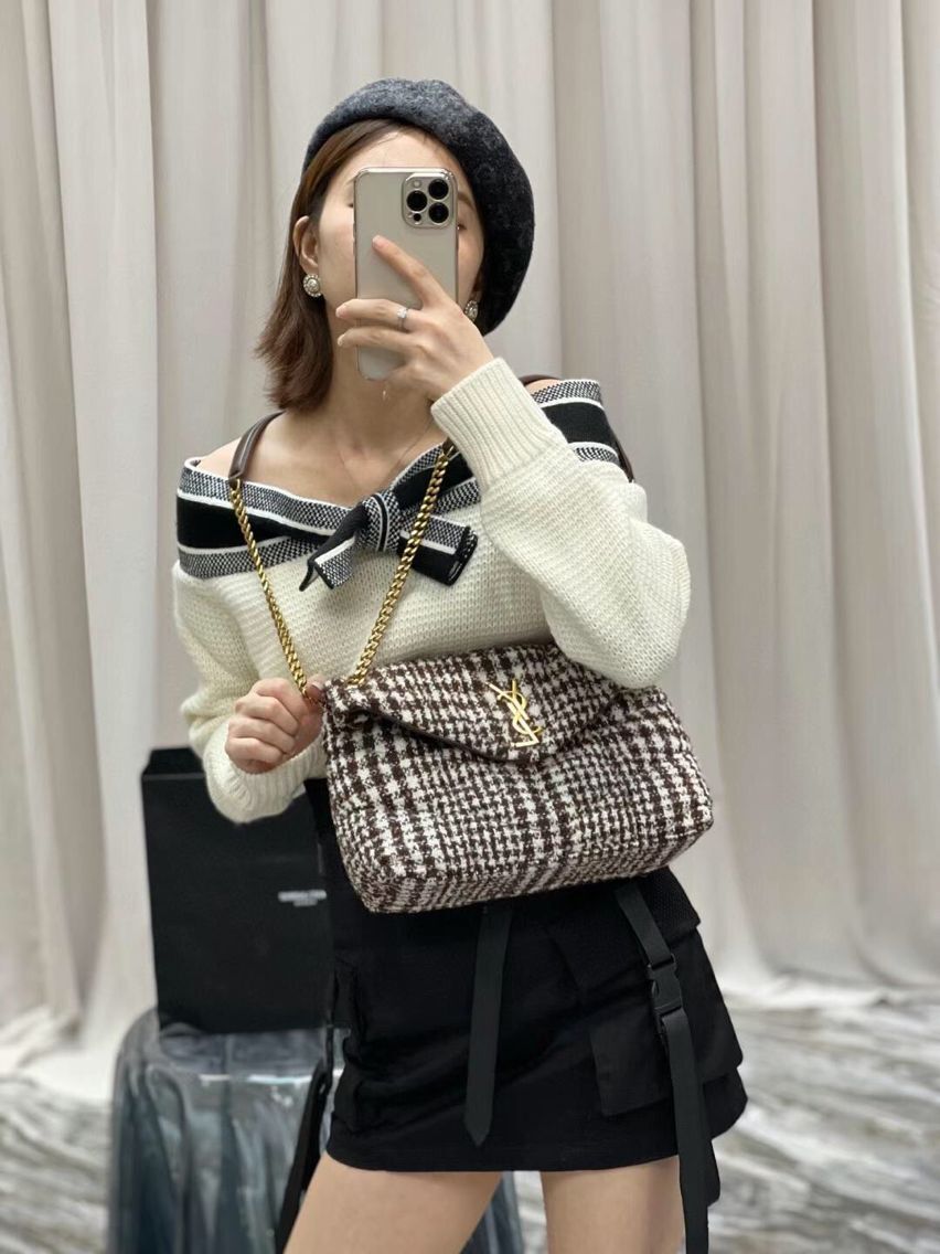 Yves Saint Laurent PUFFER SMALL BAG IN CHECKED TWEED AND LAMBSKIN Y597476 BEIGE