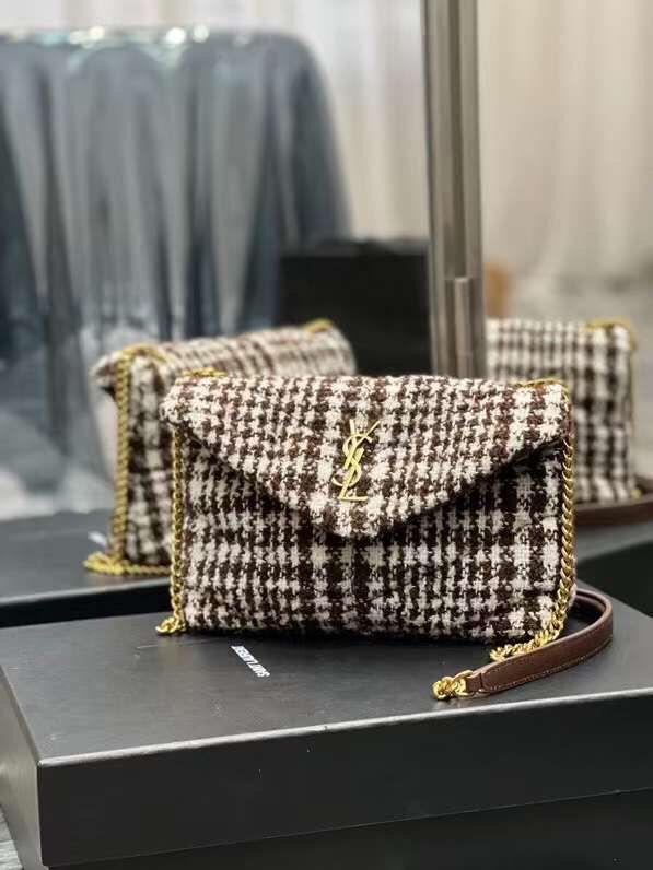 Yves Saint Laurent PUFFER SMALL BAG IN CHECKED TWEED AND LAMBSKIN Y597477 BEIGE