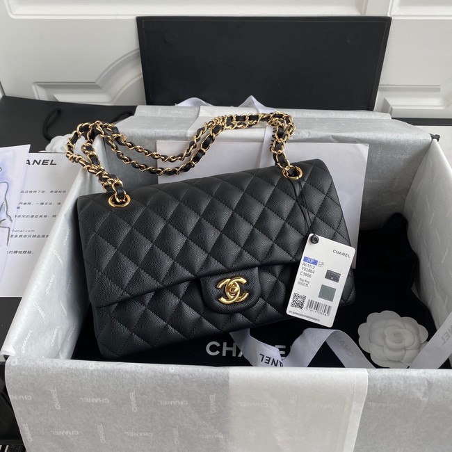 Chanel Flap Shoulder Bag Grained Calfskin A01112 gold-Tone Metal black