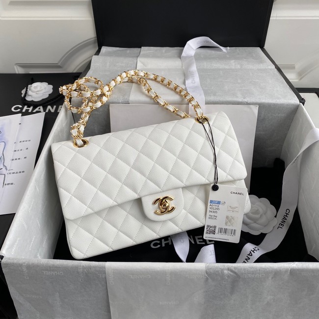 Chanel Flap Shoulder Bag Grained Calfskin A01112 gold-Tone Metal white