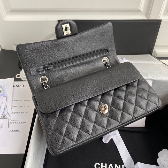 Chanel Flap Shoulder Bag Grained Calfskin A01112 silver-Tone Metal black