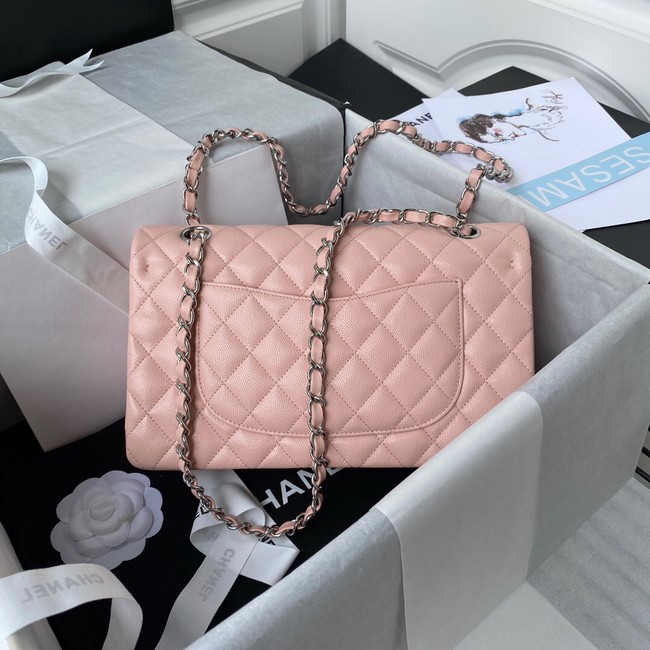 Chanel Flap Shoulder Bag Grained Calfskin A01112 silver-Tone Metal pink