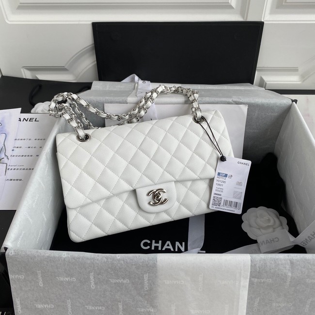 Chanel Flap Shoulder Bag Grained Calfskin A01112 silver-Tone Metal white