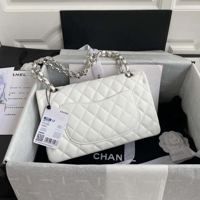 Chanel Flap Shoulder Bag Grained Calfskin A01112 silver-Tone Metal white