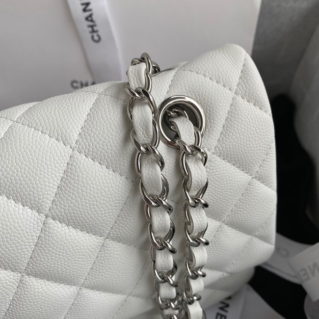 Chanel Flap Shoulder Bag Grained Caviar Leather A01112 silver-Tone Metal white