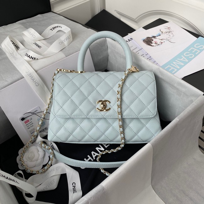 Chanel flap bag with top handle Grained Calfskin A92990 light blue