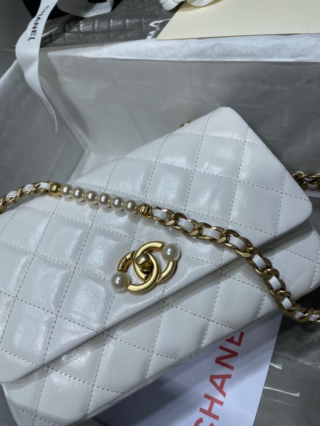 Chanel SMALL FLAP BAG Calfskin Imitation Pearls & Gold-Tone Metal AS3001 white