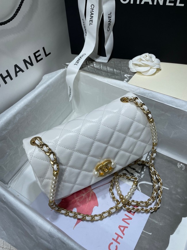 Chanel SMALL FLAP BAG Calfskin Imitation Pearls & Gold-Tone Metal AS3001 white