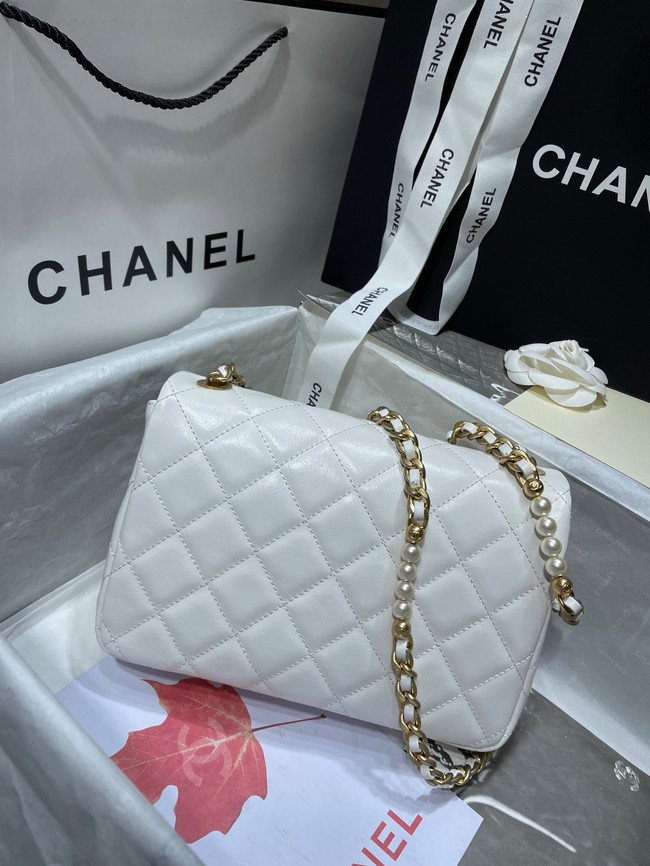 Chanel SMALL FLAP BAG Calfskin Imitation Pearls & Gold-Tone Metal AS3001 white