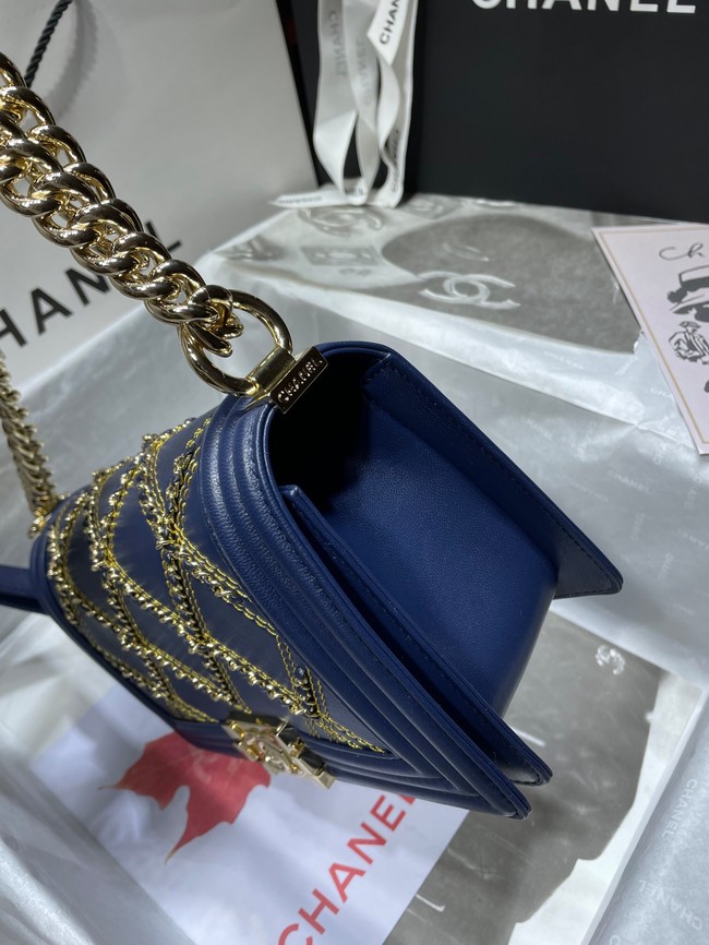 BOY CHANEL Handbag Crumpled Calfskin & Gold-Tone Metal A67086 dark blue