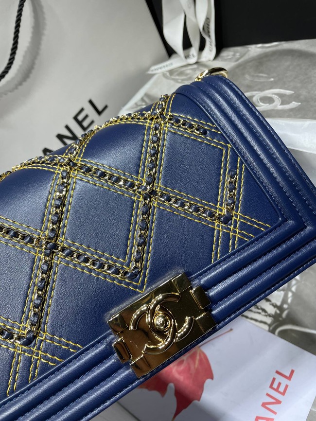 BOY CHANEL Handbag Crumpled Calfskin & Gold-Tone Metal A67086 dark blue