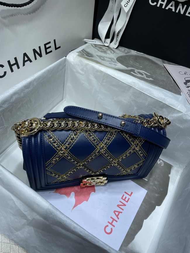 BOY CHANEL Handbag Crumpled Calfskin & Gold-Tone Metal A67086 dark blue