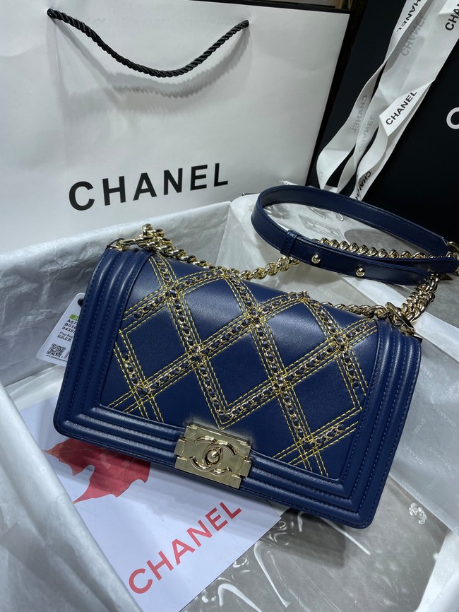 BOY CHANEL Handbag Crumpled Calfskin & Gold-Tone Metal A67086 dark blue