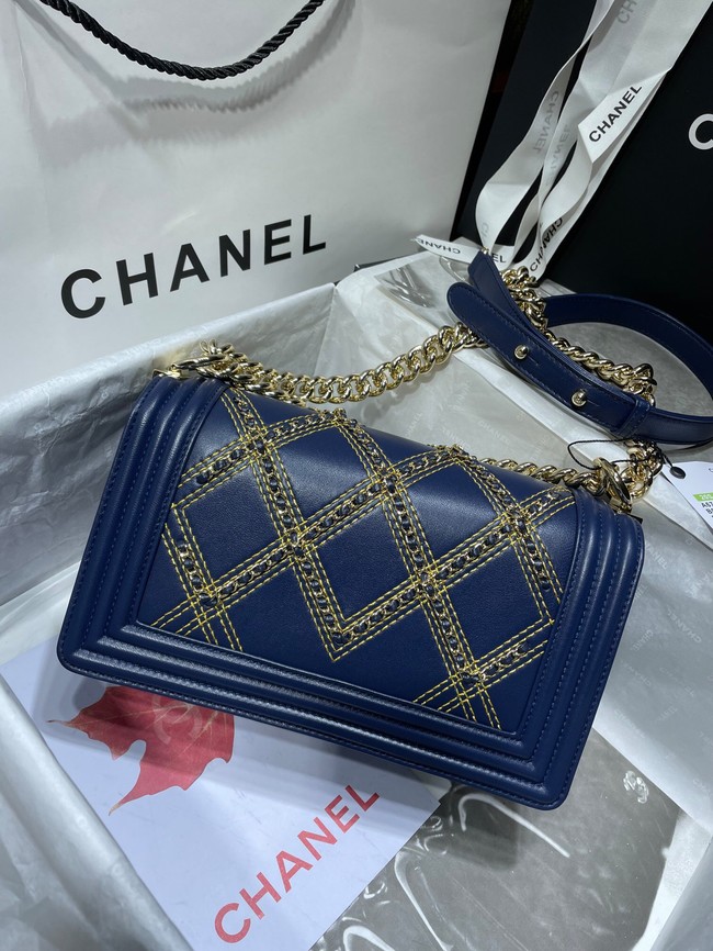 BOY CHANEL Handbag Crumpled Calfskin & Gold-Tone Metal A67086 dark blue