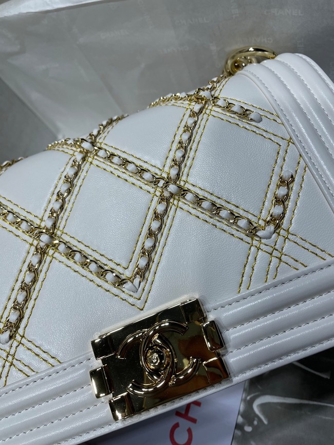 BOY CHANEL Handbag Crumpled Calfskin & Gold-Tone Metal A67086 white