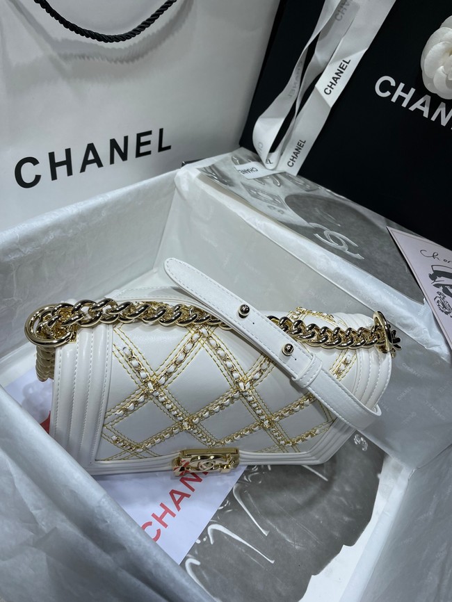 BOY CHANEL Handbag Crumpled Calfskin & Gold-Tone Metal A67086 white