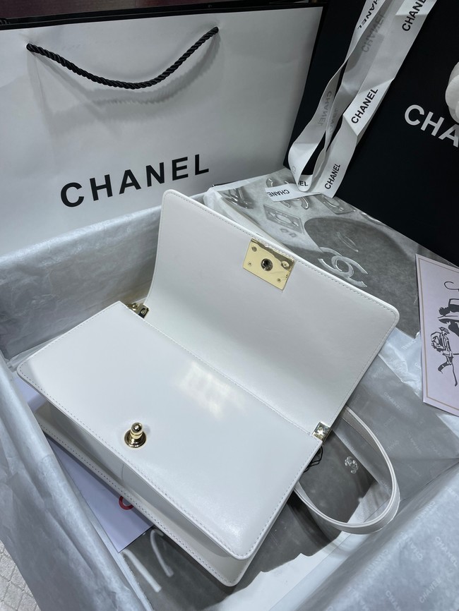 BOY CHANEL Handbag Crumpled Calfskin & Gold-Tone Metal A67086 white
