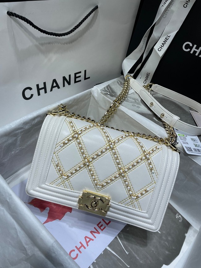 BOY CHANEL Handbag Crumpled Calfskin & Gold-Tone Metal A67086 white