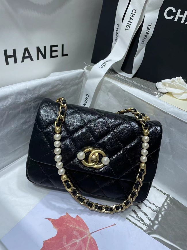 Chanel SMALL FLAP BAG Calfskin Imitation Pearls & Gold-Tone Metal AS3000 black
