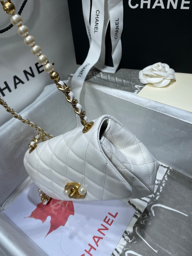 Chanel SMALL FLAP BAG Calfskin Imitation Pearls & Gold-Tone Metal AS3000 white