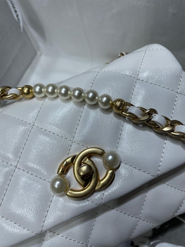 Chanel SMALL FLAP BAG Calfskin Imitation Pearls & Gold-Tone Metal AS3000 white