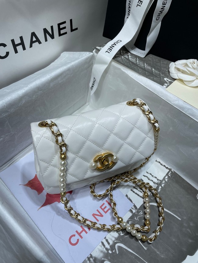 Chanel SMALL FLAP BAG Calfskin Imitation Pearls & Gold-Tone Metal AS3000 white