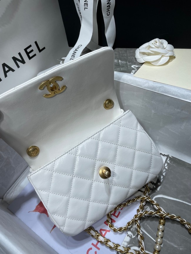 Chanel SMALL FLAP BAG Calfskin Imitation Pearls & Gold-Tone Metal AS3000 white