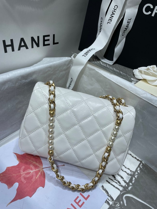 Chanel SMALL FLAP BAG Calfskin Imitation Pearls & Gold-Tone Metal AS3000 white