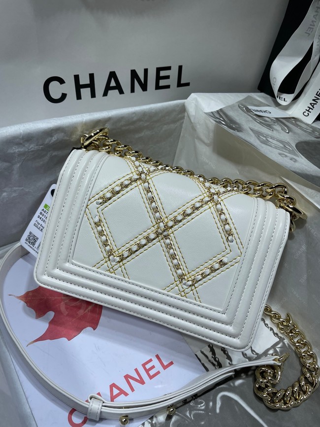 Small BOY CHANEL Handbag Crumpled Calfskin & Gold-Tone Metal A67085 white